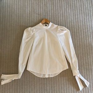 Free People White High Neck Puff Shoulder Top